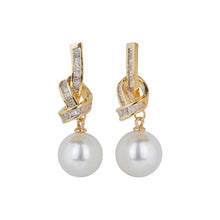 Load image into Gallery viewer, Silver-Plated Cubic Zirconia Ribbon Knot Faux Pearl Drop Earrings