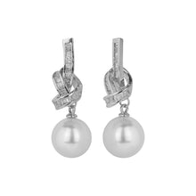 Load image into Gallery viewer, Silver-Plated Cubic Zirconia Ribbon Knot Faux Pearl Drop Earrings