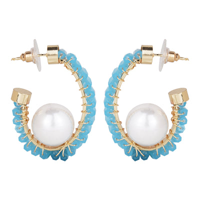 Gold-Plated Sky Blue Beaded Hoop Earrings with Pearl Accent