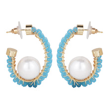 Load image into Gallery viewer, Gold-Plated Sky Blue Beaded Hoop Earrings with Pearl Accent