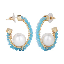 Load image into Gallery viewer, Gold-Plated Sky Blue Beaded Hoop Earrings with Pearl Accent