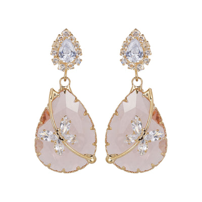 Gold-Plated Peach Quartz Teardrop Drop Earrings with Dragonfly Accents