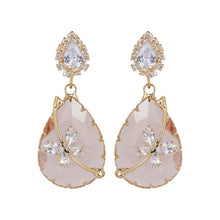 Load image into Gallery viewer, Gold-Plated Peach Quartz Teardrop Drop Earrings with Dragonfly Accents