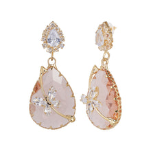 Load image into Gallery viewer, Gold-Plated Peach Quartz Teardrop Drop Earrings with Dragonfly Accents
