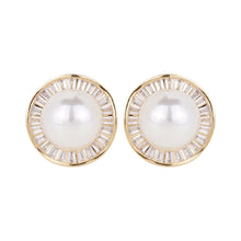 Load image into Gallery viewer, Silver-Plated Baguette American Diamond &amp; Faux Pearl Stud Earrings