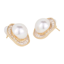 Load image into Gallery viewer, Silver-Plated Baguette American Diamond &amp; Faux Pearl Stud Earrings