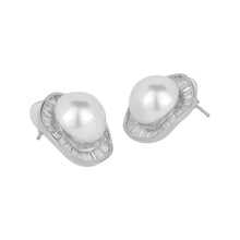 Load image into Gallery viewer, Silver-Plated Baguette American Diamond &amp; Faux Pearl Stud Earrings