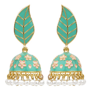 TRIBAL ZONE  PREETY GREEN LEAF JHUMKA EARRING
