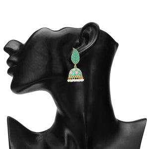 TRIBAL ZONE  PREETY GREEN LEAF JHUMKA EARRING
