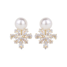 Load image into Gallery viewer, Gold-Plated American Diamond Floral Cluster and Pearl Stud Earrings