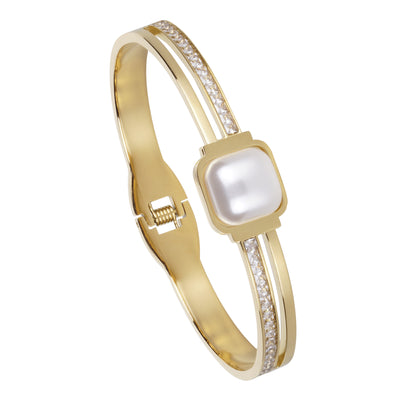 Pearl Cabochon Baguette Bangle - Gold