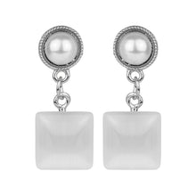 Load image into Gallery viewer, Silver Pearl &amp; White Cat-Eye Square Drop Earrings