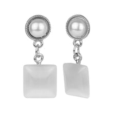 Load image into Gallery viewer, Silver Pearl &amp; White Cat-Eye Square Drop Earrings