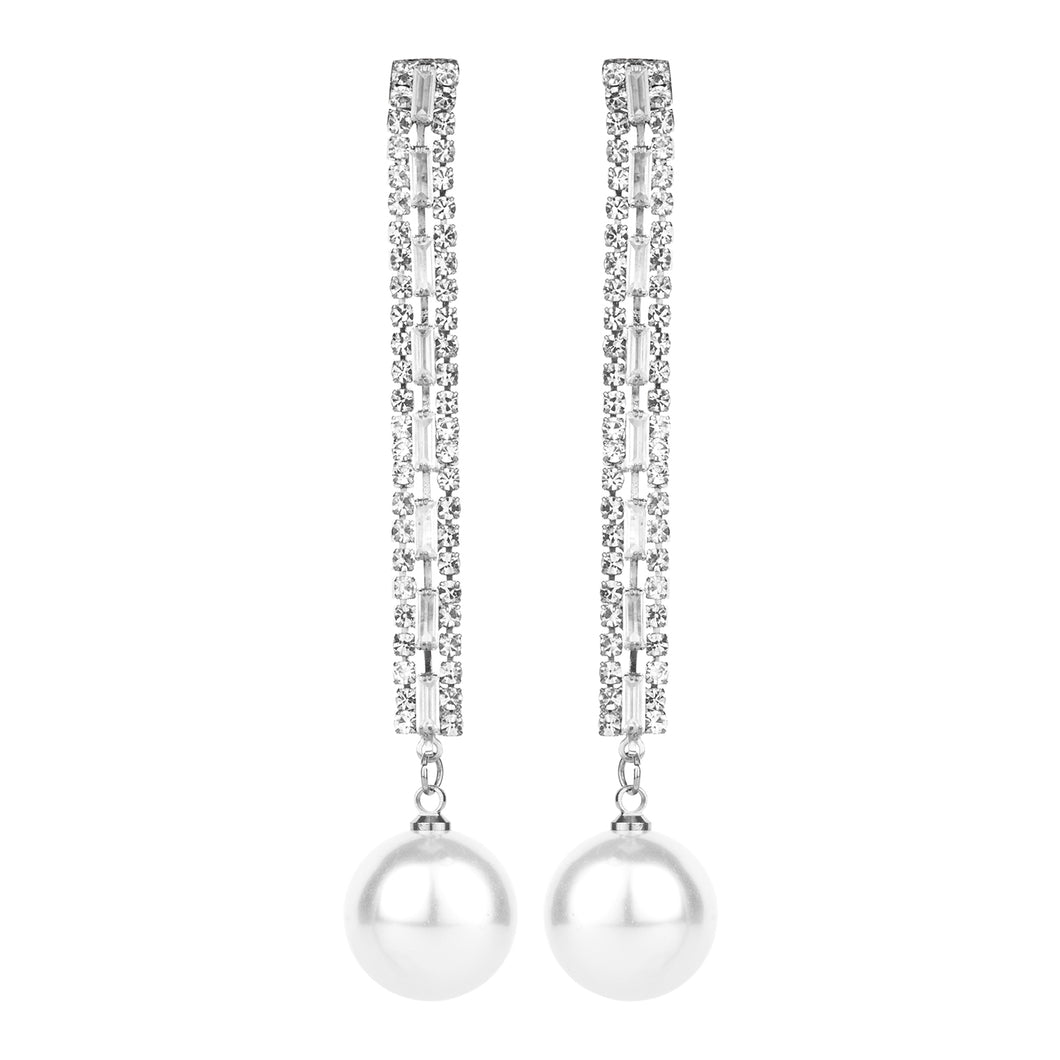 TRIBAL ZONE CZ STONE GLOSSY PARTY WEAR SLIVER  PEARL DROP EARRING