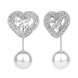 TRIBAL ZONE LOVELY SILVER  HEART WITH PEARL DROP EARRING