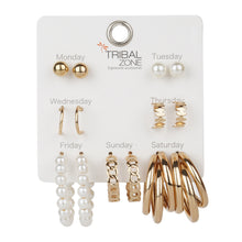 Load image into Gallery viewer, TRIBAL ZONE Golden 7 Pair Earrings Set for the Week With Pearl and Metal Hoops