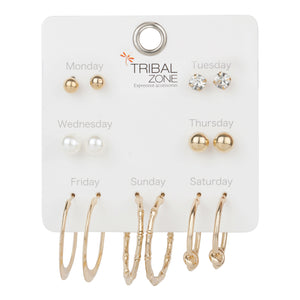 TRIBAL ZONE 7 Pairs Earring Set Gold Plated  with Hoops and Studs