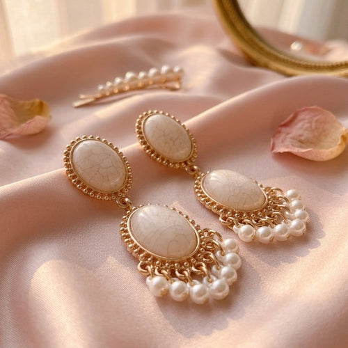 Gold Cream Crackle Stone and Pearl Fringe Drop Earrings