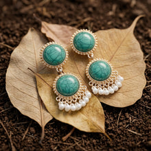 Load image into Gallery viewer, Green Turquoise Round Drop Earrings with Pearl Fringe Accents