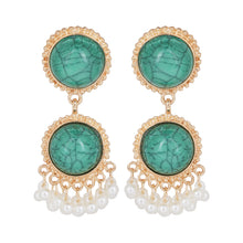 Load image into Gallery viewer, Green Turquoise Round Drop Earrings with Pearl Fringe Accents
