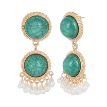 Load image into Gallery viewer, Green Turquoise Round Drop Earrings with Pearl Fringe Accents