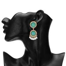 Load image into Gallery viewer, Green Turquoise Round Drop Earrings with Pearl Fringe Accents
