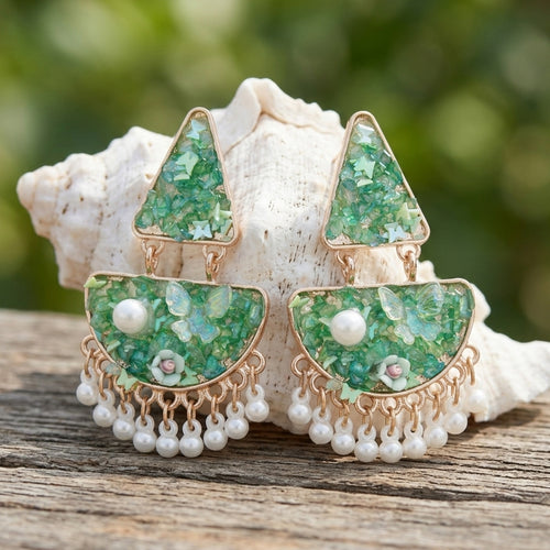 Green/PINK Mosaic Chandelier Pearl Earrings