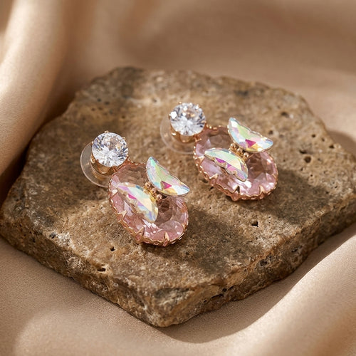 Rose Gold Pink Crystal Oval Drop Earrings with Butterfly Accent