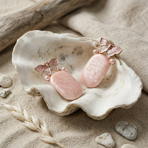 Pink Butterfly Marble Drop Earrings with Pearl Accents