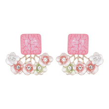 Load image into Gallery viewer, Pink Resin Square Studs with Floral Ear Jackets