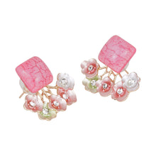 Load image into Gallery viewer, Pink Resin Square Studs with Floral Ear Jackets