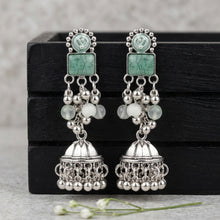 Load image into Gallery viewer, Antique Silver Green Jhumka Earrings