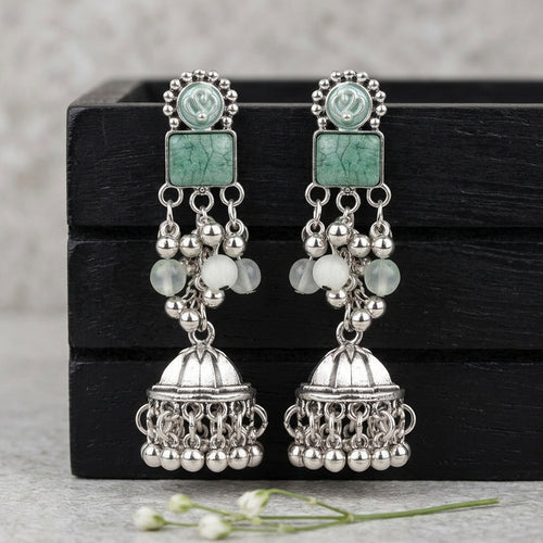 Antique Silver Green Jhumka Earrings