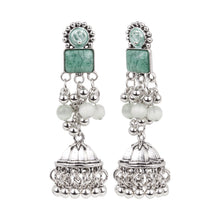 Load image into Gallery viewer, Antique Silver Green Jhumka Earrings