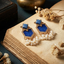 Load image into Gallery viewer, Vintage Blue Geometric Chandelier Earrings with Pearl Fringe
