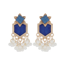Load image into Gallery viewer, Vintage Blue Geometric Chandelier Earrings with Pearl Fringe