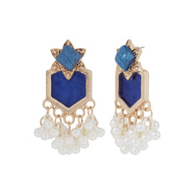 Load image into Gallery viewer, Vintage Blue Geometric Chandelier Earrings with Pearl Fringe