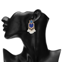 Load image into Gallery viewer, Vintage Blue Geometric Chandelier Earrings with Pearl Fringe