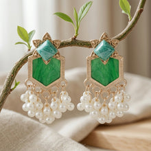 Load image into Gallery viewer, Gold Geometric Green Stone Statement Earrings with Pearl Fringe
