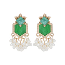 Load image into Gallery viewer, Gold Geometric Green Stone Statement Earrings with Pearl Fringe