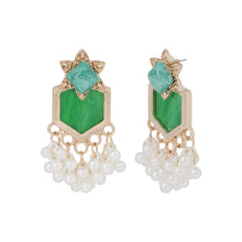 Load image into Gallery viewer, Gold Geometric Green Stone Statement Earrings with Pearl Fringe