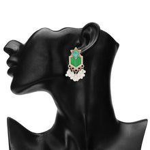 Load image into Gallery viewer, Gold Geometric Green Stone Statement Earrings with Pearl Fringe