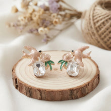 Load image into Gallery viewer, Whimsical Pink Swallow and Flower Enamel Stud Earrings with Clear Crystals