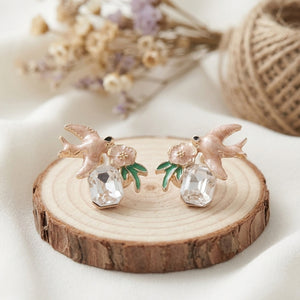 Whimsical Pink Swallow and Flower Enamel Stud Earrings with Clear Crystals