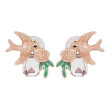 Load image into Gallery viewer, Whimsical Pink Swallow and Flower Enamel Stud Earrings with Clear Crystals