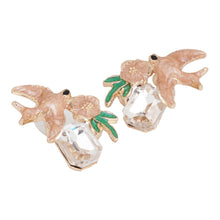 Load image into Gallery viewer, Whimsical Pink Swallow and Flower Enamel Stud Earrings with Clear Crystals