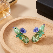 Load image into Gallery viewer, Whimsical Green Frog and Purple Flower Enamel Stud Earrings with Crystals