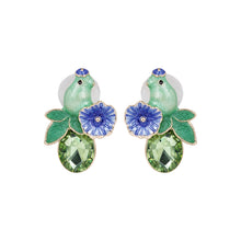 Load image into Gallery viewer, Whimsical Green Frog and Purple Flower Enamel Stud Earrings with Crystals