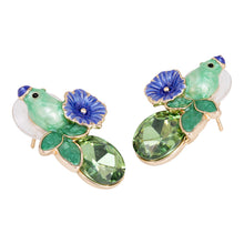 Load image into Gallery viewer, Whimsical Green Frog and Purple Flower Enamel Stud Earrings with Crystals