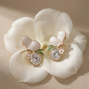 White Enamel Butterfly Stud Earrings with Clear Crystal Accents